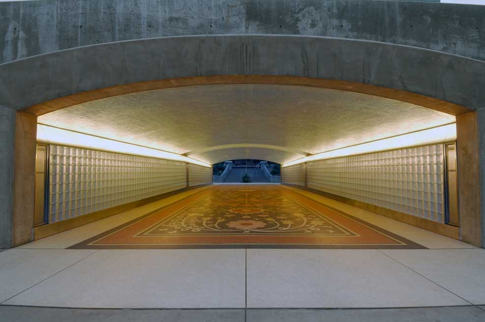 Lit pedestrian underpass tunnel beneath Camelback Road at 24th Street in the Biltmore area of Phoenix.