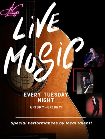 Flyer for AC Hotel Biltmore's Live and Local music series featuring a guitar background and photos of performing artists. Event details: Every Tuesday night from 6:30 PM to 8:30 PM
