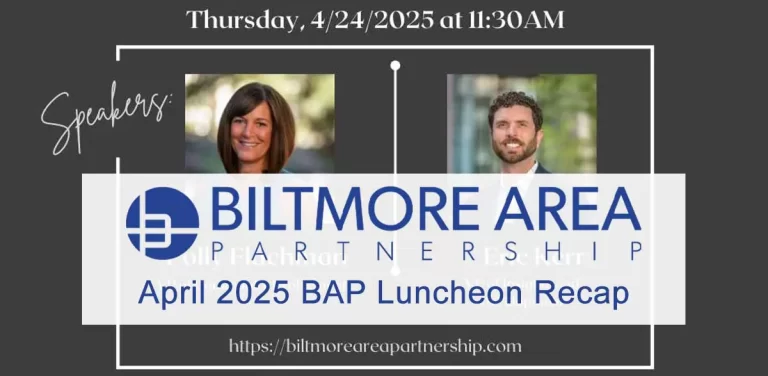 Promotional graphic for the April Networking Luncheon on April 24, 2025, featuring speakers Polly Flachman and Eric Kerr.