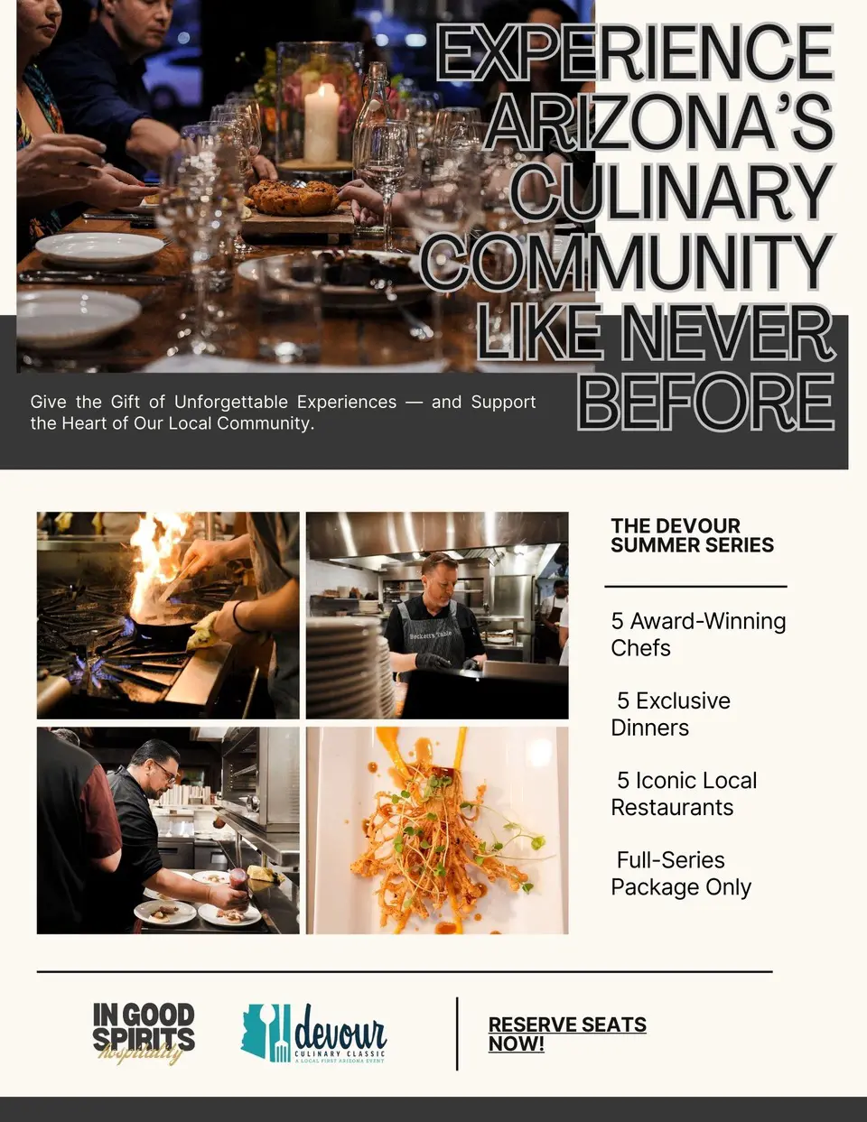 Promotional flyer for the Devour Summer Series featuring chefs, plated dishes, and dining experiences celebrating Arizona's culinary community.