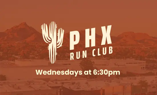 Phoenix Run Club logo with cactus icon and text “Wednesdays at 6:30pm” over a backdrop of Biltmore Fashion Park and Camelback Mountain