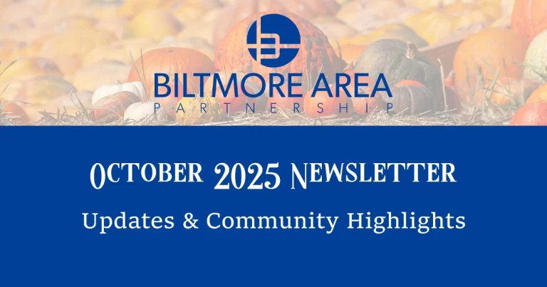 Biltmore Area Partnership October 2025 Newsletter – Updates and Community Highlights with pumpkins in the background.