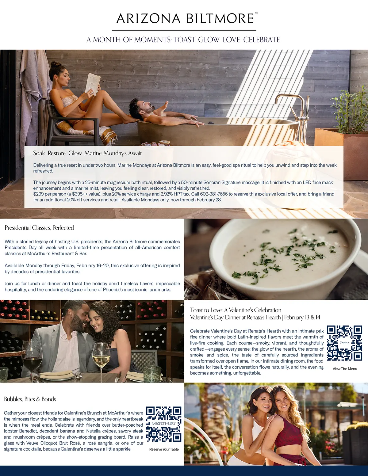 Arizona Biltmore Resort February promotions collage featuring Marine Mondays spa offer, Presidents Day dining, Valentine’s dinner at Renata’s Hearth, and Galentine’s brunch, with QR codes.