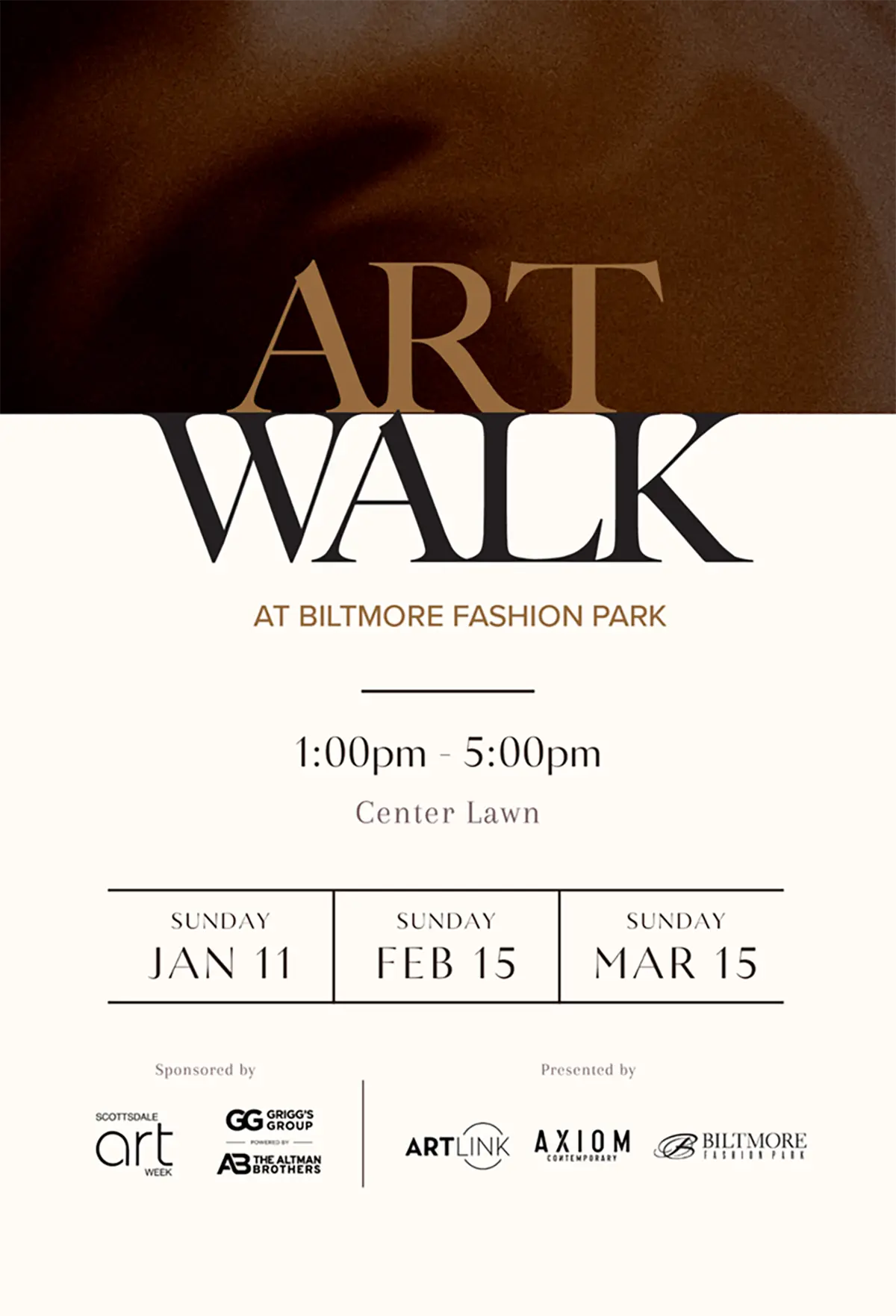 Biltmore Fashion Park Art Walk poster showing event time 1:00–5:00 PM at Center Lawn with dates Jan 11, Feb 15, and Mar 15.