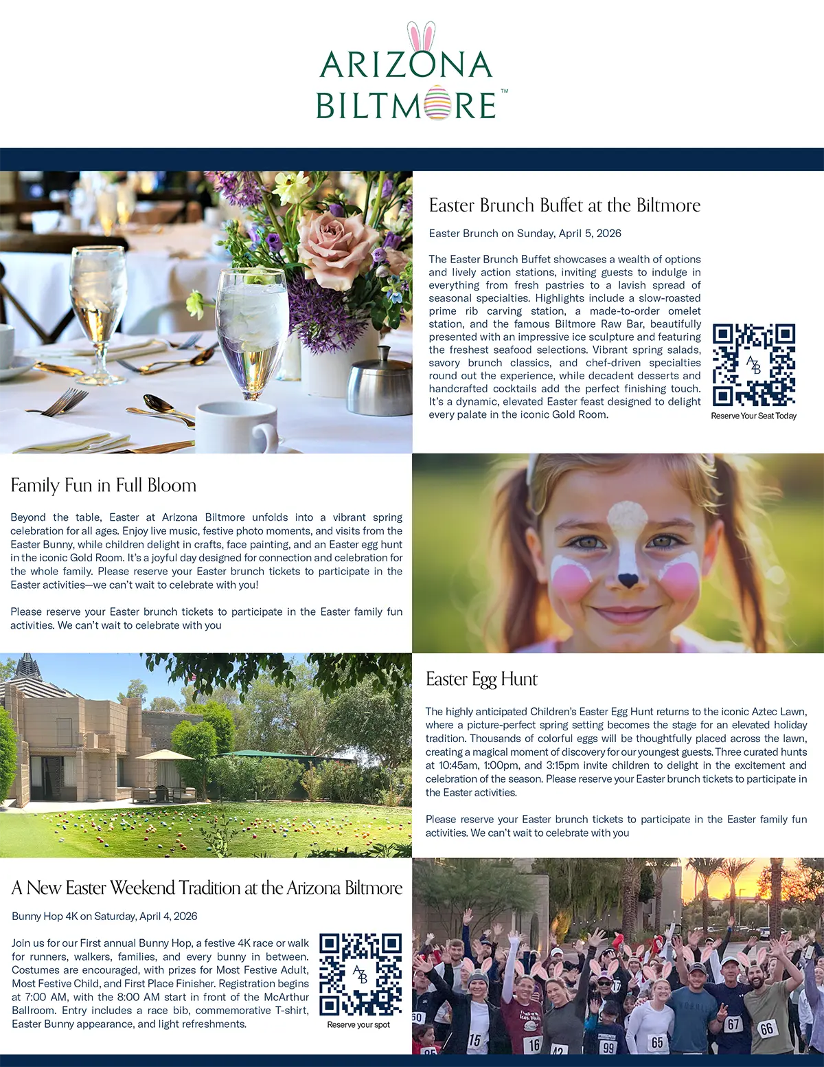 Arizona Biltmore Easter weekend graphic promoting Easter Brunch Buffet, children’s Easter egg hunt, family activities, and Bunny Hop 4K (April 4–5, 2026).