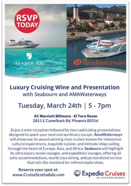 Flyer for “Luxury Cruising Wine and Presentation” with Seabourn and AmaWaterways—Tuesday, March 24, 5–7 PM at AC Marriott Biltmore (El Toro Room), Phoenix.