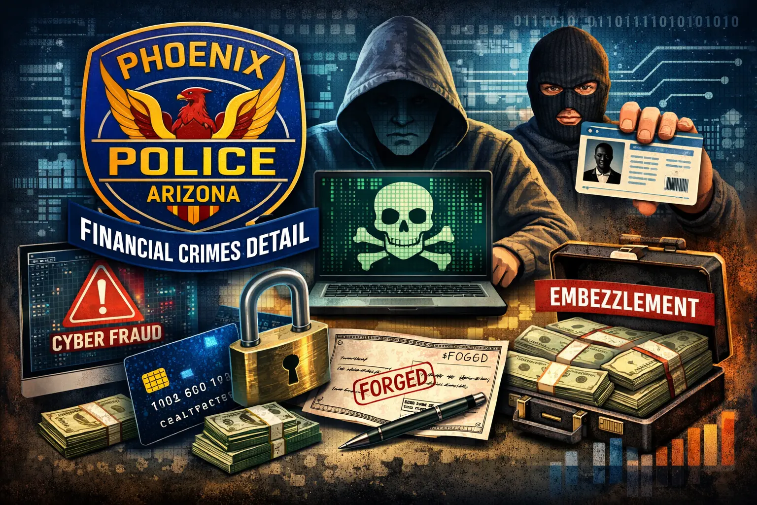 Illustration representing Phoenix Police Financial Crimes Detail investigating cyber-enabled business fraud, including identity theft, forgery, and embezzlement.