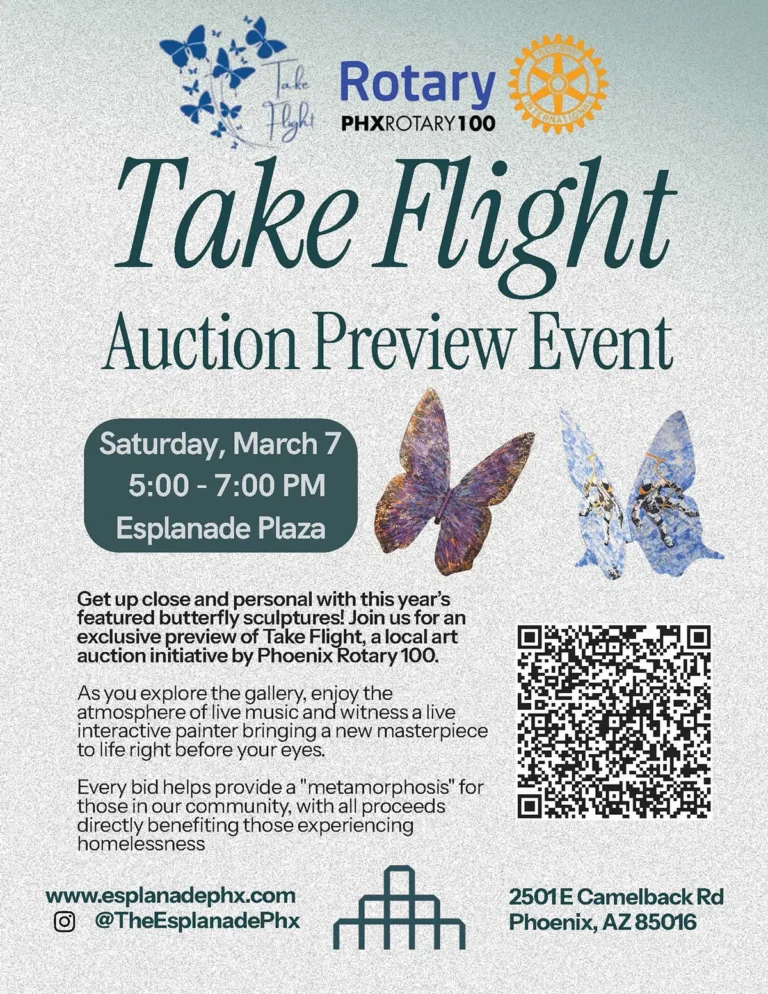 Poster for “Take Flight” Auction Preview Event by Phoenix Rotary 100 at Esplanade Plaza on Saturday, March 7, 5:00–7:00 PM.