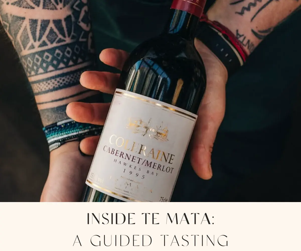Inside Te Mata: A Guided Tasting at Wrigley Mansion—wine tasting event promo featuring Te Mata wine bottle.