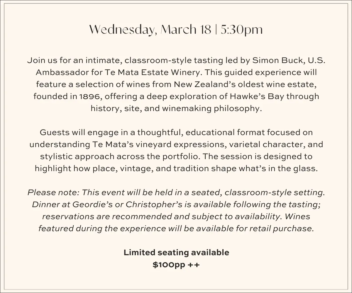 Aperitivo at Geordie’s Bar at Wrigley Mansion—petite cocktails and small bites, Wednesday–Saturday, 3–5 PM.