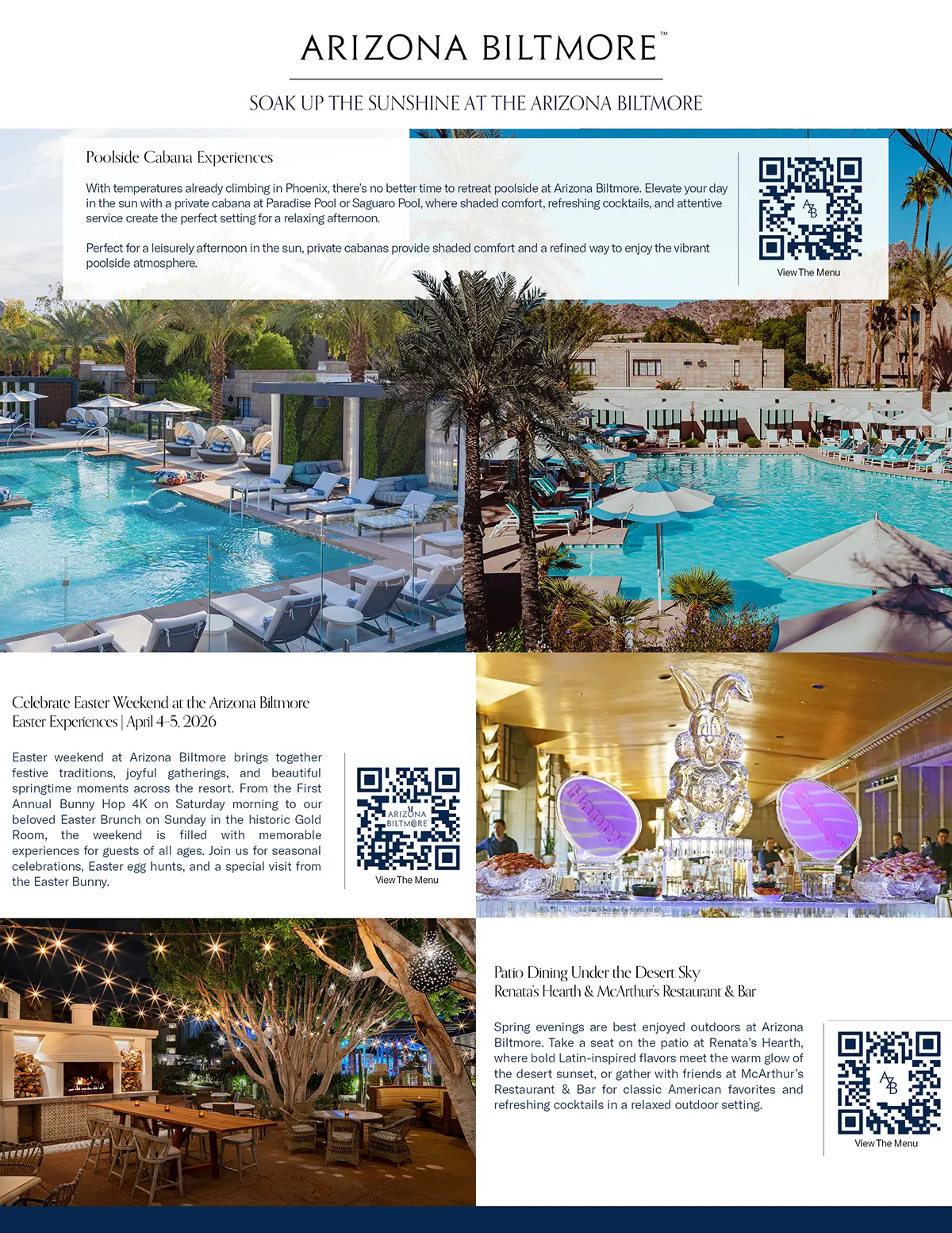Arizona Biltmore spring experiences featuring poolside cabanas, Easter weekend events, and patio dining in Phoenix
