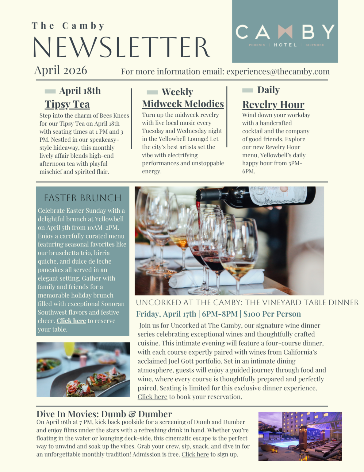 The Camby Hotel April 2026 newsletter featuring Tipsy Tea, Midweek Melodies, Revelry Hour, Easter Brunch, Uncorked at The Camby, and Dive In Movies