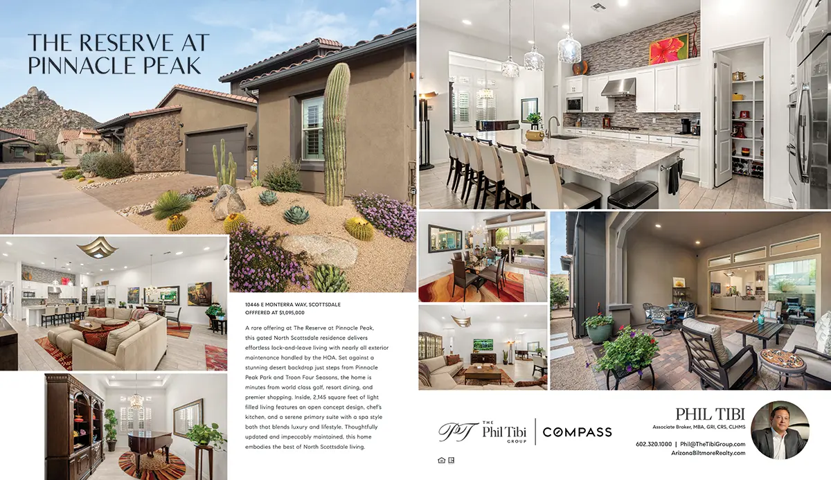 Real estate flyer for “The Reserve at Pinnacle Peak” at 10446 E Monterra Way, Scottsdale—offered at $1,095,000—featuring exterior and interior home photos and Phil Tibi contact details.