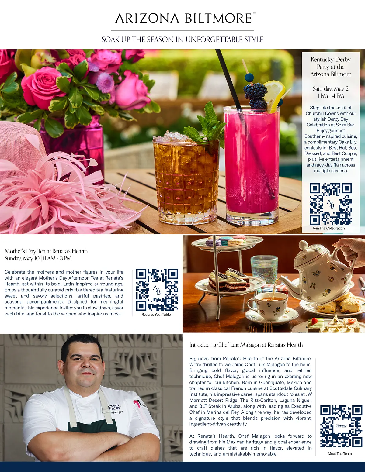 Arizona Biltmore May 2026 events flyer featuring Kentucky Derby Party at Spire Bar May 2, Mother's Day Tea at Renata's Hearth May 10, and new Executive Chef Luis Malagón at Renata's Hearth.