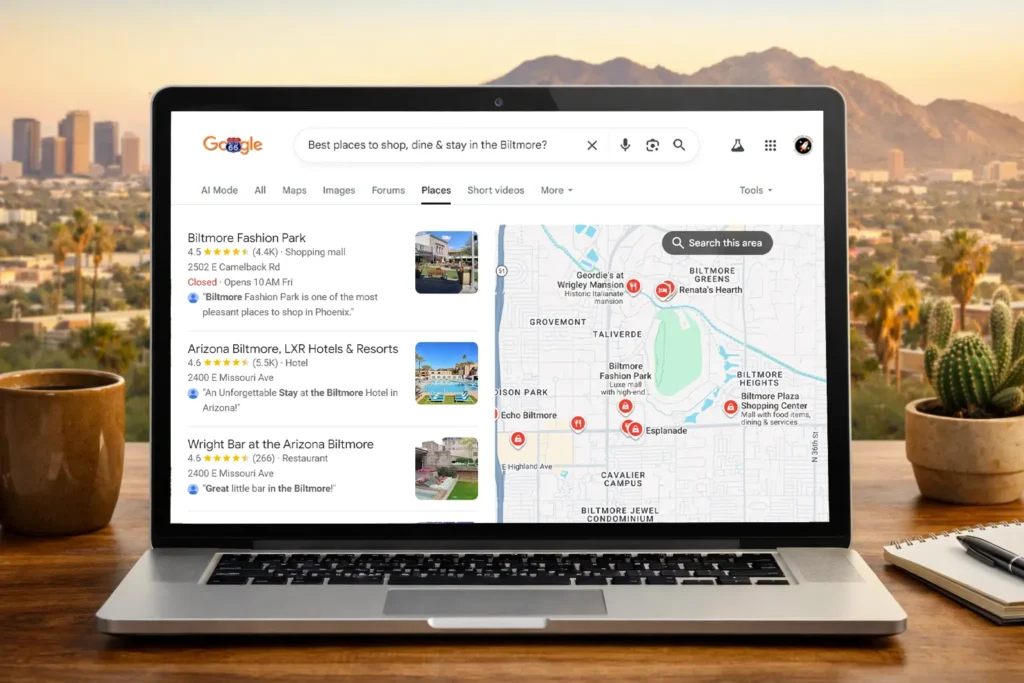 Google search "Best places to shop, dine and stay in the Biltmore" — Biltmore Fashion Park, Arizona Biltmore, Wright Bar.