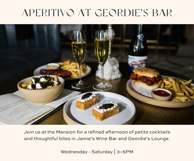 Aperitivo at Geordie’s Bar at Wrigley Mansion featuring petite cocktails and thoughtful bites in an elegant lounge setting