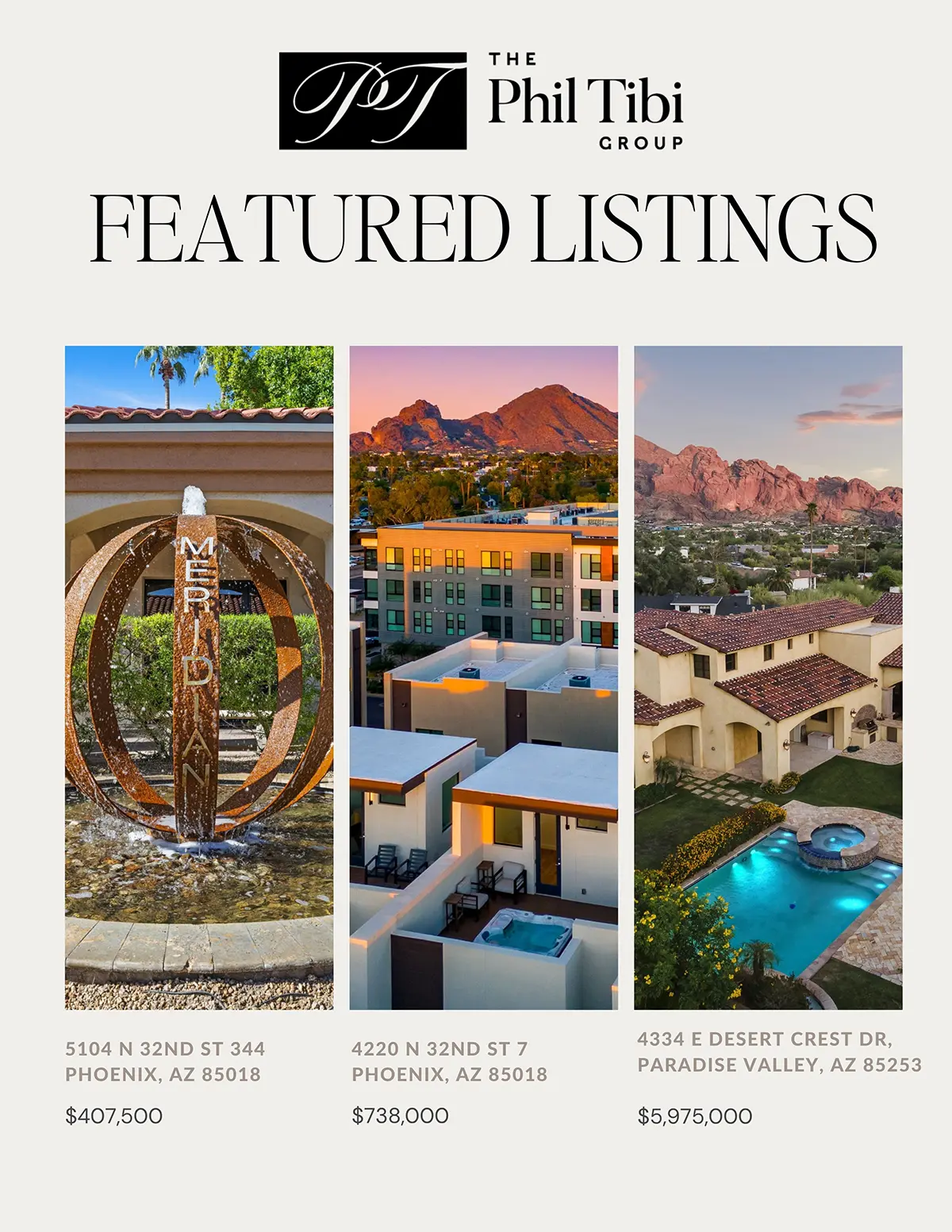 The Phil Tibi Group featured listings graphic showcasing three homes in Phoenix and Paradise Valley, Arizona