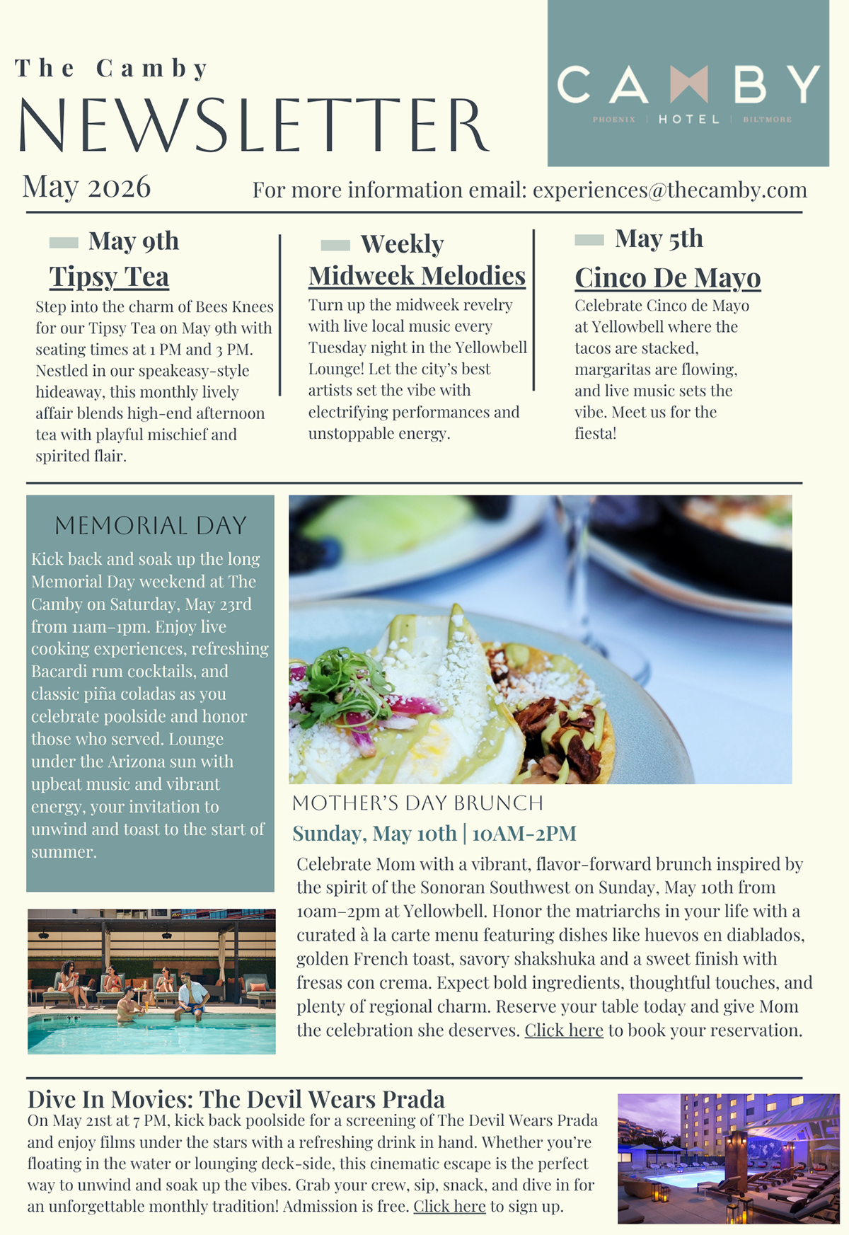 The Camby Hotel May 2026 newsletter — Tipsy Tea, Cinco de Mayo, Memorial Day, Mother's Day Brunch, Dive In Movies & more.
