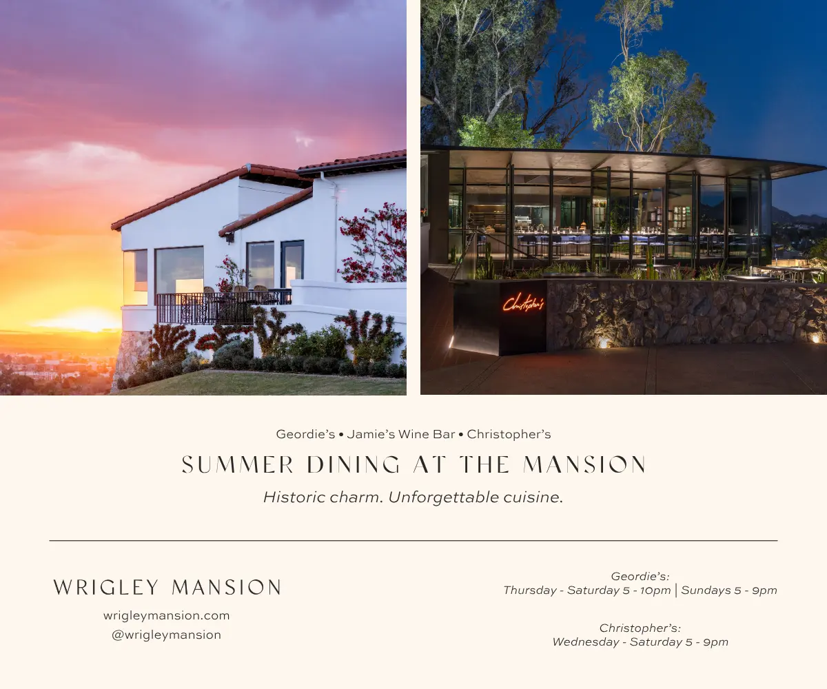 Wrigley Mansion at sunset alongside Christopher's glass-walled dining room at twilight, featuring summer dining at Geordie's, Jamie's Wine Bar, and Christopher's in Phoenix.