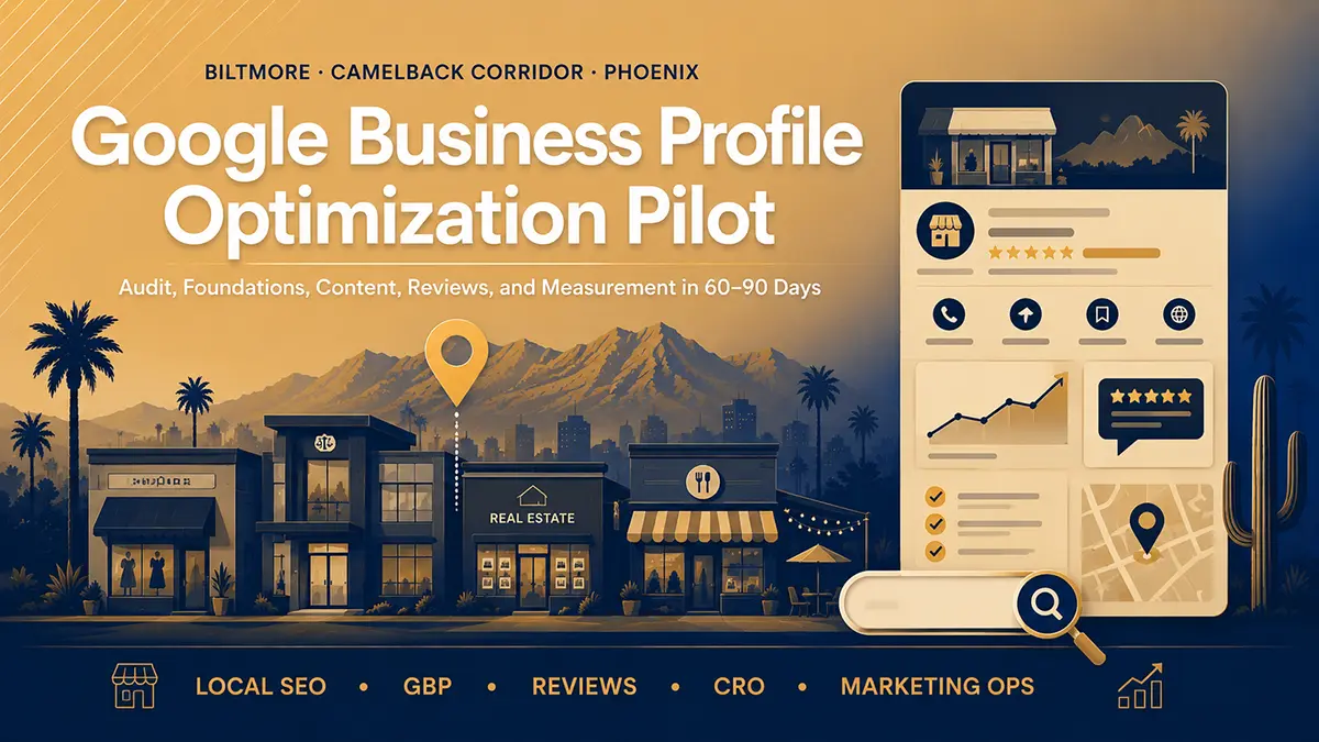 Camelback East Marketing feature graphic for the Google Business Profile Optimization Pilot, showing Biltmore-area storefronts, a stylized GBP knowledge panel with reviews and analytics, and category tags for Local SEO, GBP, Reviews, CRO, and Marketing Ops.