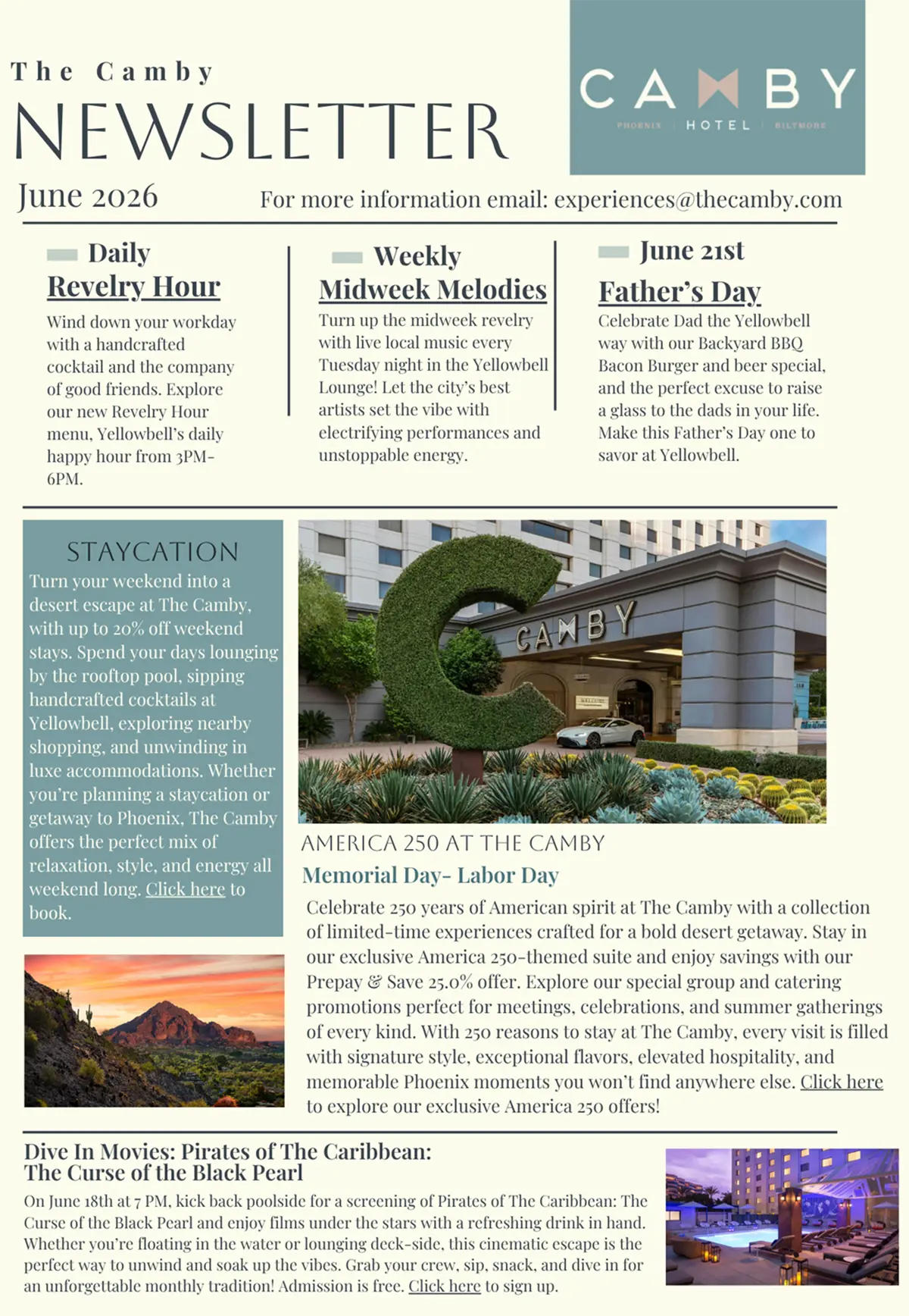 The Camby Hotel June 2026 newsletter featuring the iconic Camby topiary entrance, Revelry Hour, Midweek Melodies, Father&rsquo;s Day, Staycation, America 250, and Dive-In Movies highlights.