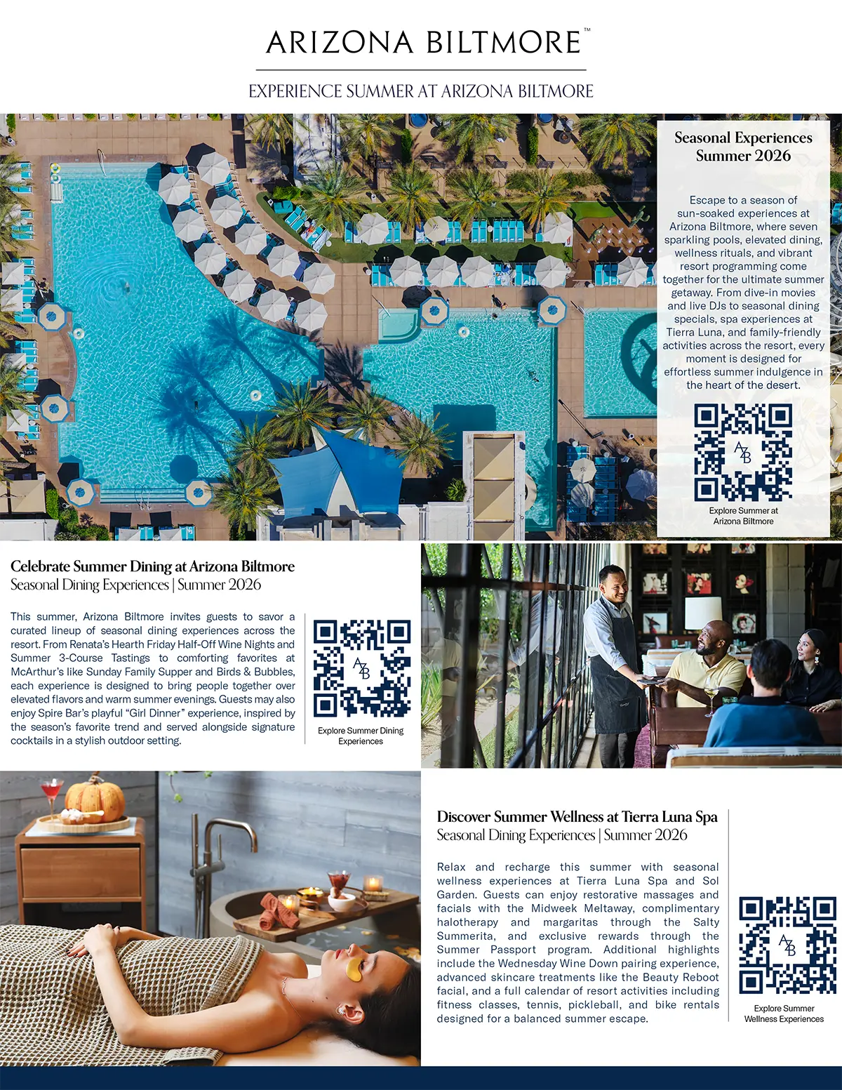 Aerial view of the sparkling pools, blue cabanas, and palm-lined deck at Arizona Biltmore Resort in Phoenix during summer 2026.